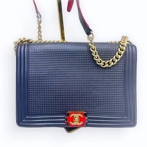 Auth Chanel Navy Blue Limited Edition Boy Flap Large New Cube Shoulder Bag